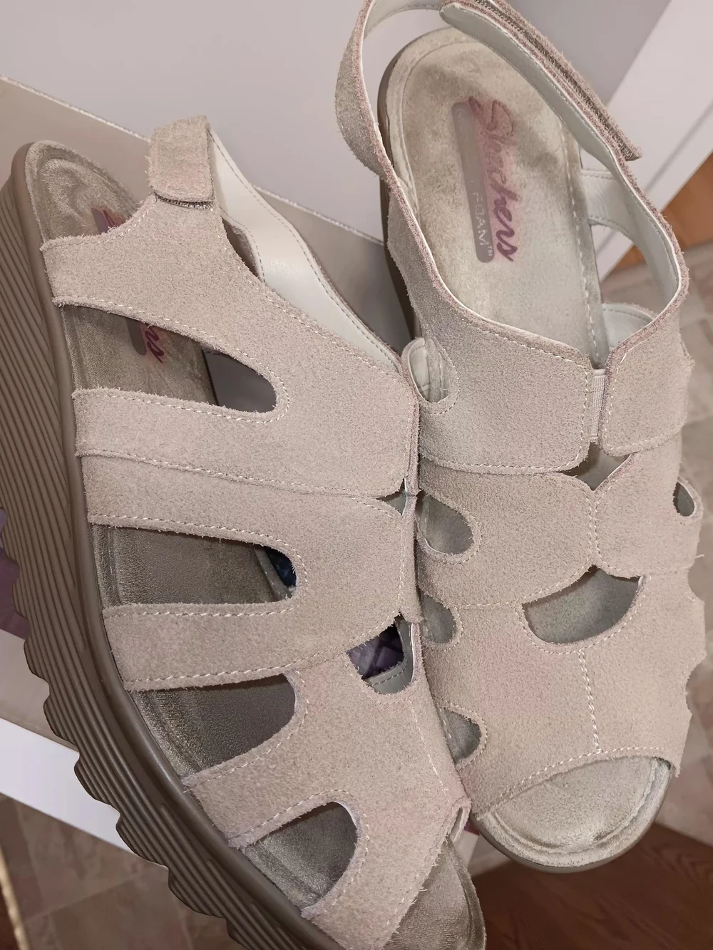 Skechers Women's Beige Suede Wedge Sandals